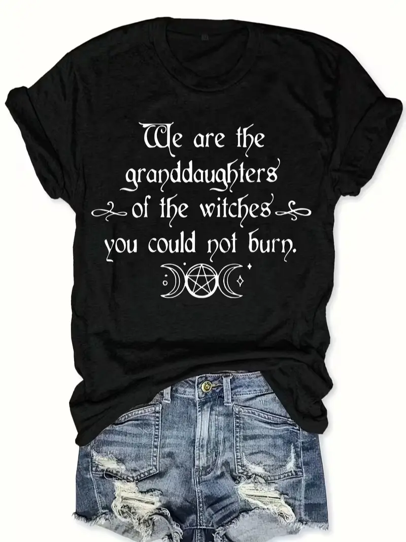 Men's Fitted Breathable Short-Sleeve Cotton Gothic Witchy T-Shirt, "We Are The Granddaughters Of The Witches" Print, Elegant Menswear Casual Everyday Top, Shortsleeve