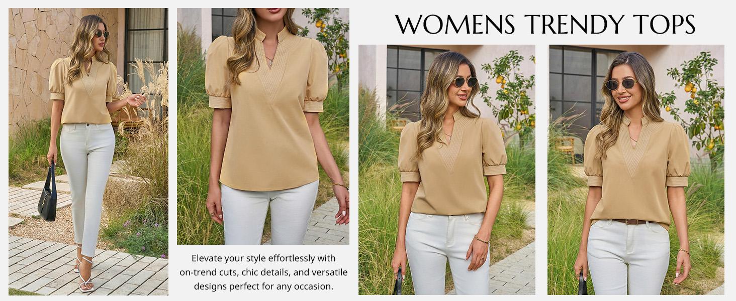 Cicy Bell Womens Puff Short Sleeve Blouses Summer Casual Dressy Contrast Stitch V Neck Tops Loose Fit Tee Shirts