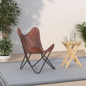 Classy Handmade Dark Brown Leather Butterfly Chair Living Room- Side Hand Stich Leather Chair-Handmade with Powder Coated Folding Black Iron Frame (Cover with Folding Frame)