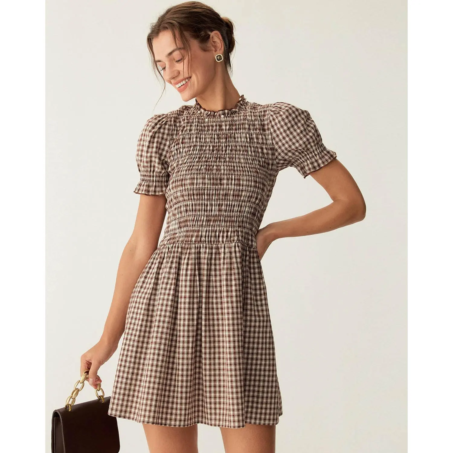 Rihoas Women's Soft Cotton Coffee Plaid Short-Sleeve Dressy Fitted-Waisted Casual Mini Dress with Puffed Sleeves, Ruffled Details, Shortsleeve, Women's Dresses
