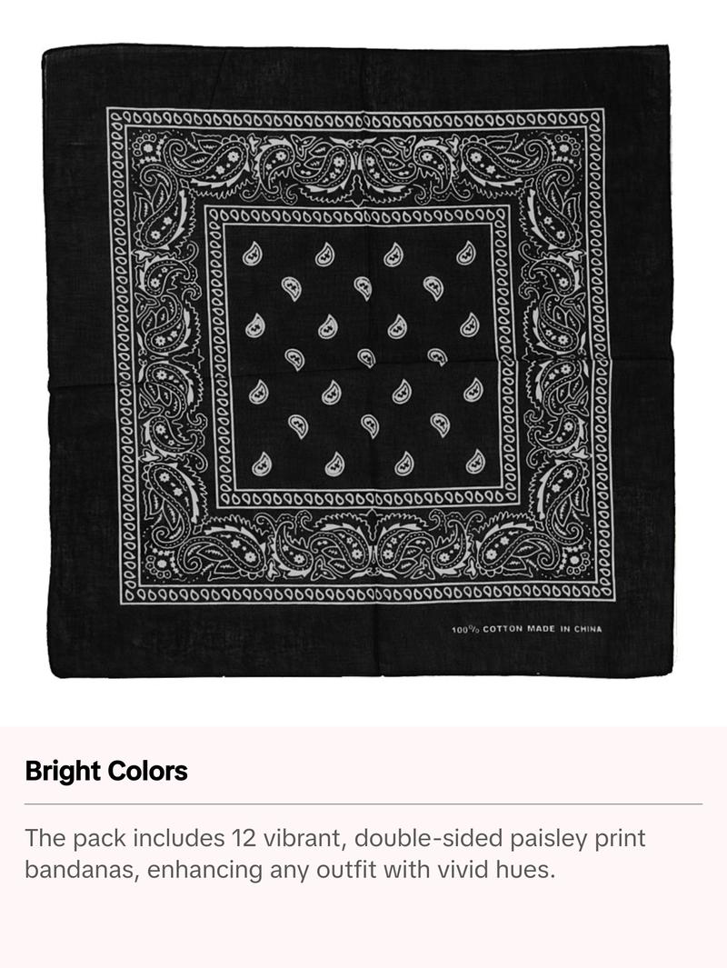 12Pcs Bandanas 100% Cotton Double Sided Paisley Print Head Wrap Scarf