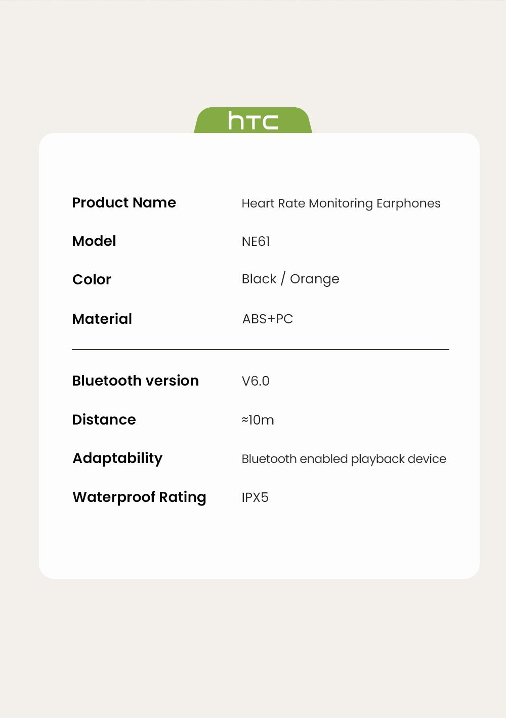 hTC NE61 True Wireless Bluetooth Earbuds with Heart Rate Monitor IPX5 Waterproof 45 Hours Battery Life