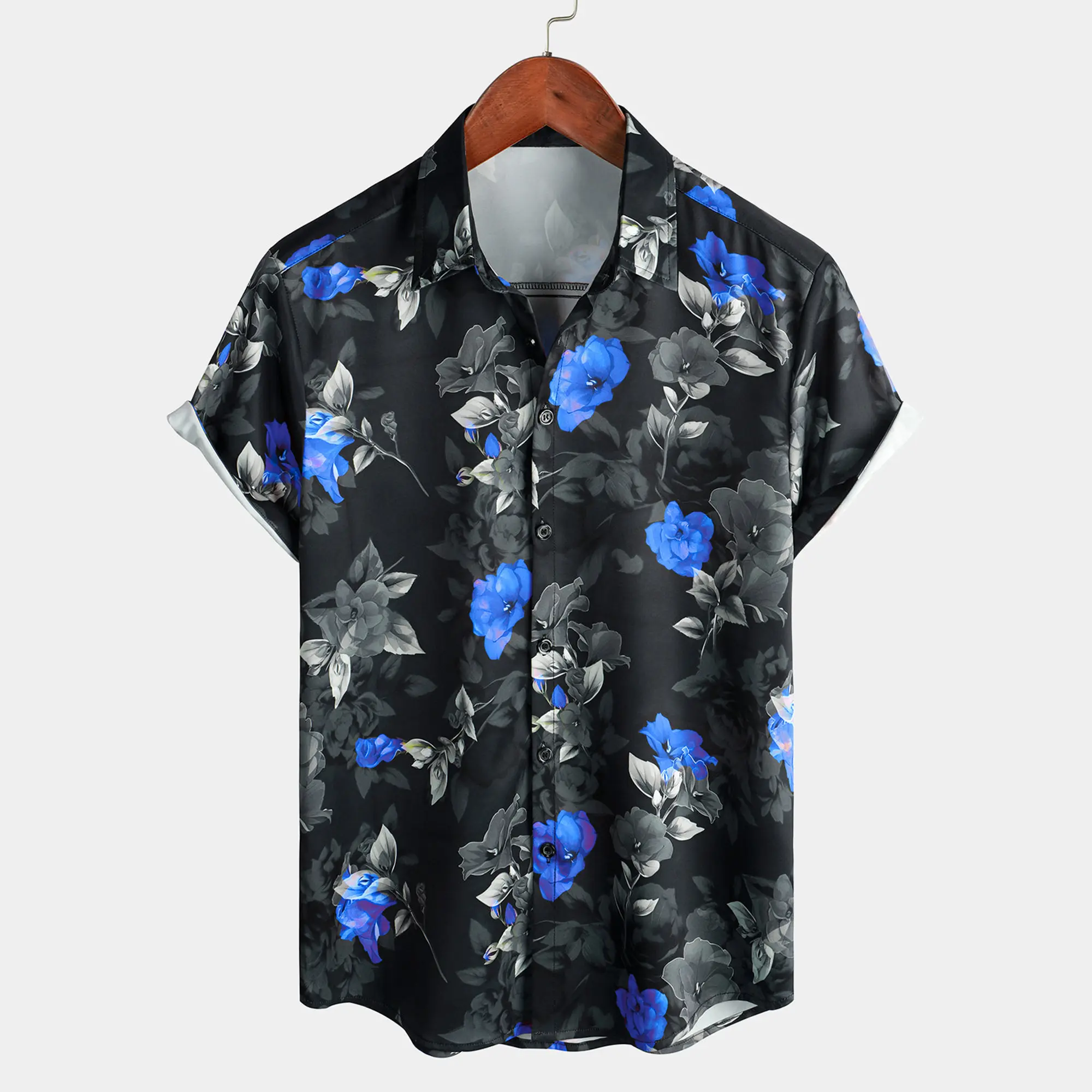 Men's Classic Vintage Hawaiian Button-Down Shirt - Baggy Short-Sleeve Cotton Top, Lightweight Roses Print Graphic, Casual Blue & Black Floral, Beach-to-Party Summer Outdoors Wear