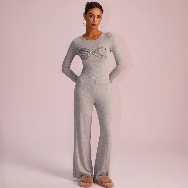 Joyfunear Solid Color Knitted Long-Sleeved Round Neck Top & Casual Straight-Leg Pants Set with Bow Decoration for Daily Wear