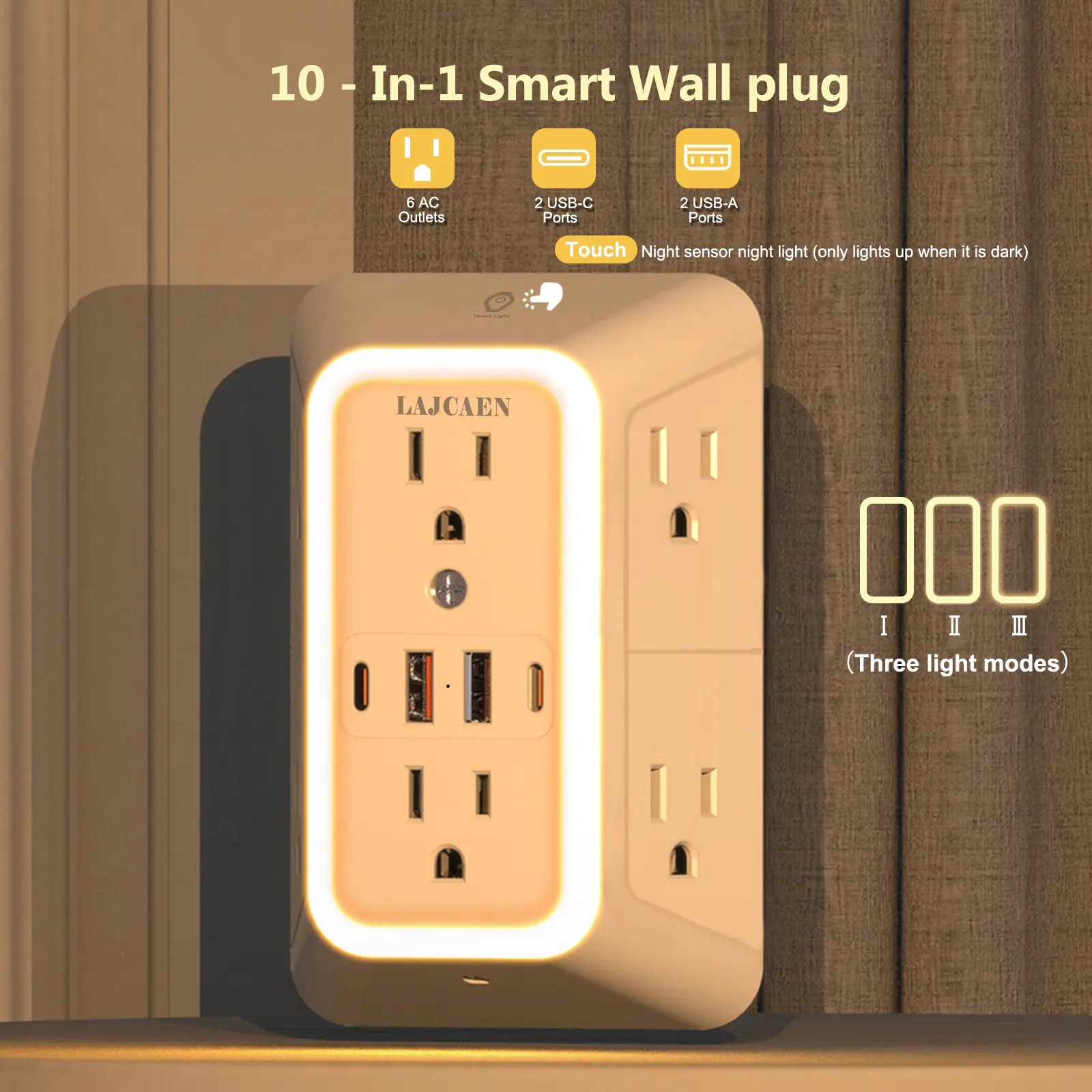 2026 NEW LAJCAEN 10-In-1 Multiple Outlet, Outlet Extension Wall Outlet Extender USB Power Outlet, Wall Charger Surge Protector With Night Light, 6 AC Outlets With 4 USB Ports (2A 2C), 1050J for Home, Travel