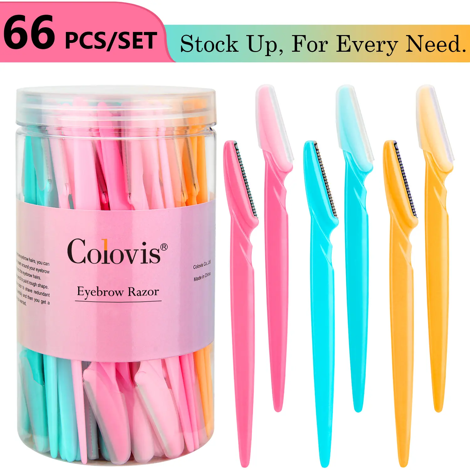 Colovis 66-Pack Dermaplaning Eyebrow & Face Razors for Adults - Stainless Steel Blades, Protective Covers, Lightweight Handle, Plastic Storage, Gentle Hair Removal Grooming Tool for Women & Men