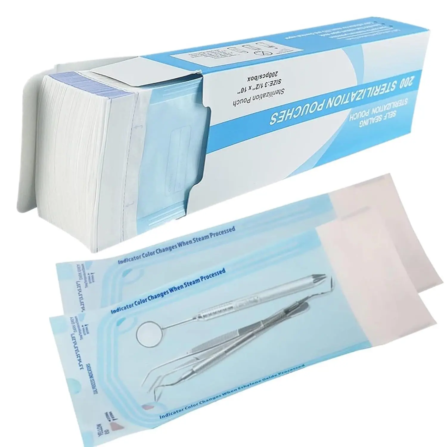 Sterilization Pouches, 200-Count Self-Sealing Bags for Dental Tool Kits, Latex-Free with Color Changing Indicator, 3.5 x 9 Inches, Kit, Dental Tools