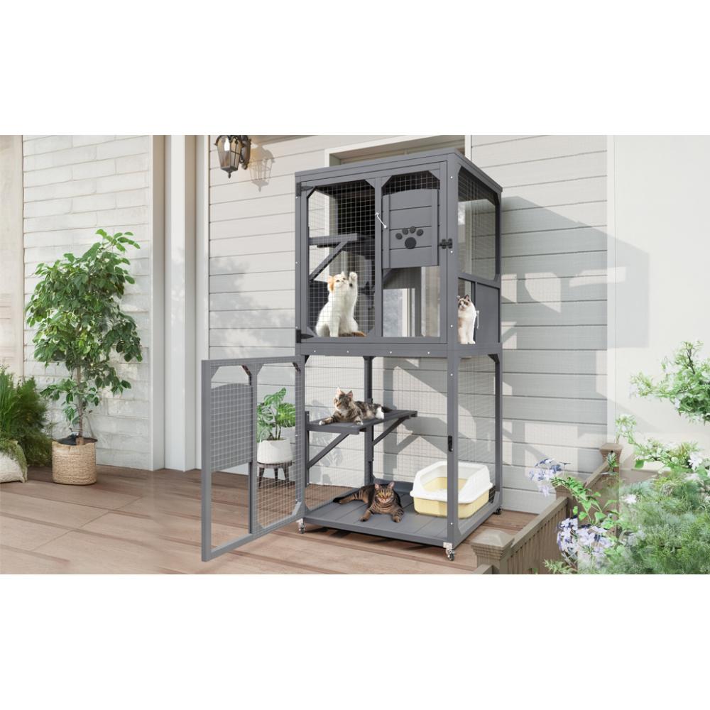 Outdoor  Enclosure Window Access, 4 Tiers  House with Wheels, Resting Box & Waterproof Roof, Indoor Large  House Cage cat catio Breathable Elevated Cooling Dog Bed