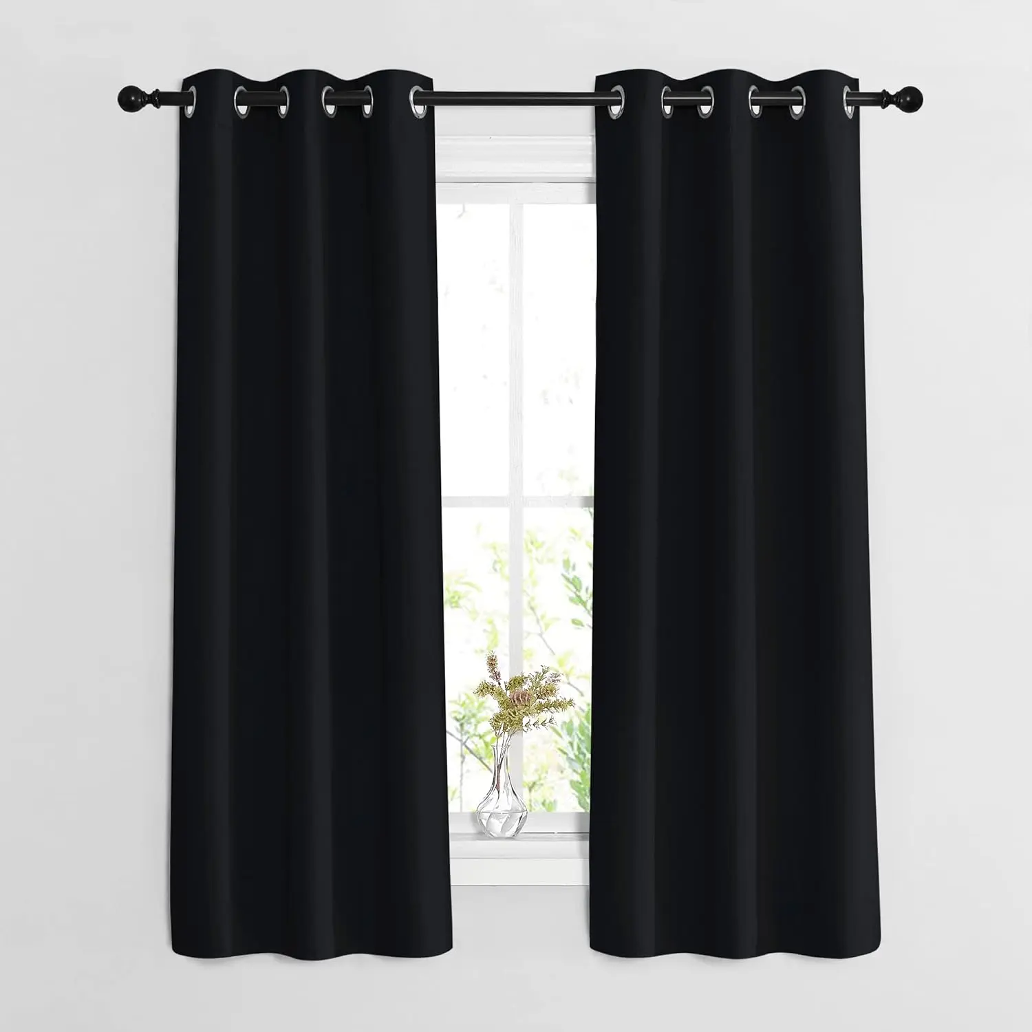 NICETOWN Black Blackout Curtains for Boys Room - Thermal Insulated Privacy Grommet Window Treatment with Black Curtain Rod Compatibility (Set of 2, W37 x L63), Black Curtain Rods, Privacy Grommet Curtains