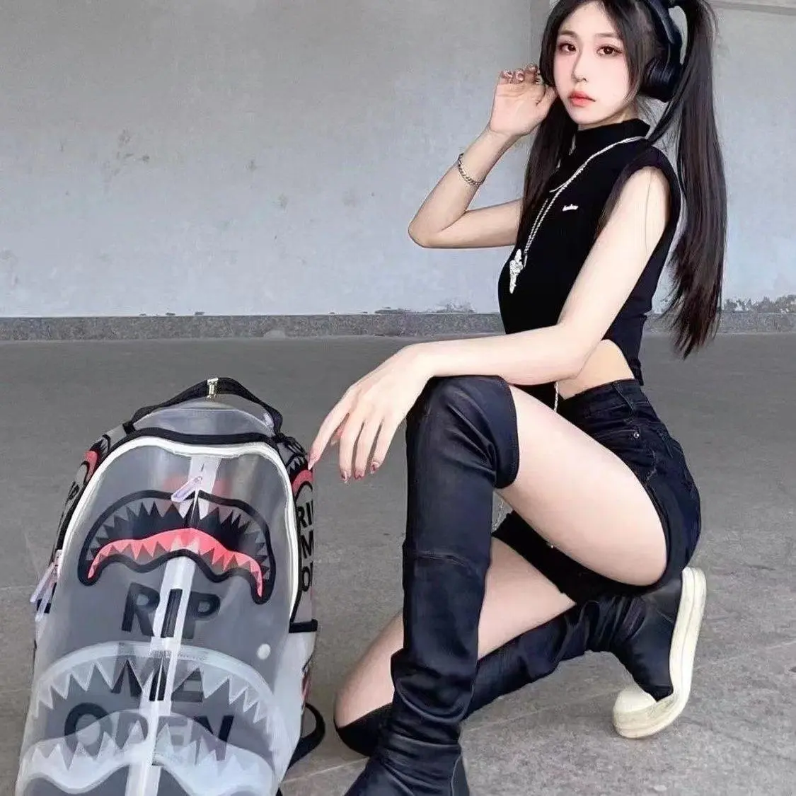 Sprayground Back novelty semi-transparent shark face backpack, bold “RIP ME OPEN” letter print, waterproof PVC backpack, trendy streetwear casual school travel backpack for youth