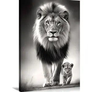 Canvas Wall Art Lion Decor Black and White Picture Lion and Cub Prints Wild Animal Poster Modern Artwork for Living Room Bedroom Bathroom Office Home Decor no Framed U