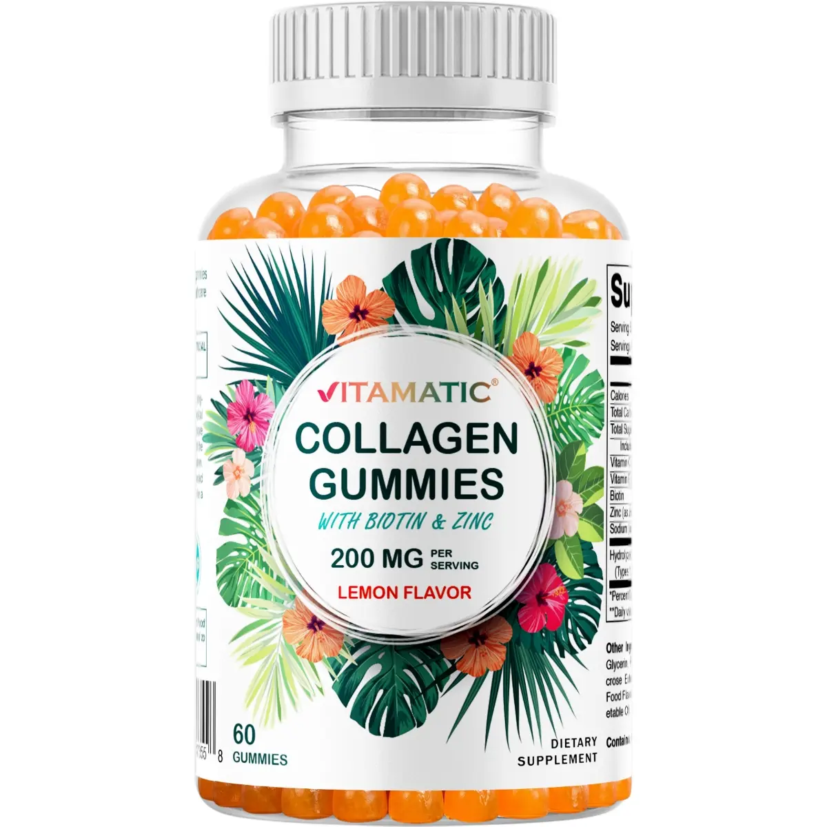 Vitamatic Hydrolyzed Collagen Chewable Gummies - Gummy Collagen Supplements with 200mg Vitamin C, Zinc & Biotin - Gluten-Free Multi-Ingredient Dietary Supplement - 60 Count for Healthy Skin, Fitness Support, Multi-Ingredient Vitamins Supplements
