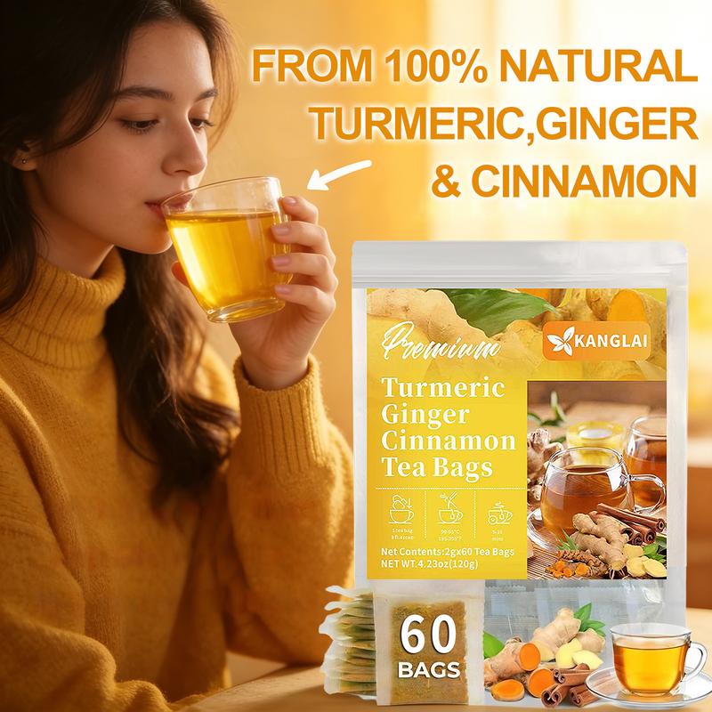 Turmeric and Cinnamon Tea: 100% natural, rich in turmeric, ginger, and cinnamon. Suitable for the ketogenic diet, dairy-free, sugar-free, caffeine-free, gluten-free, a vegan and healthy drink that aids digestion. 60-sachet value pack of herbal tea.