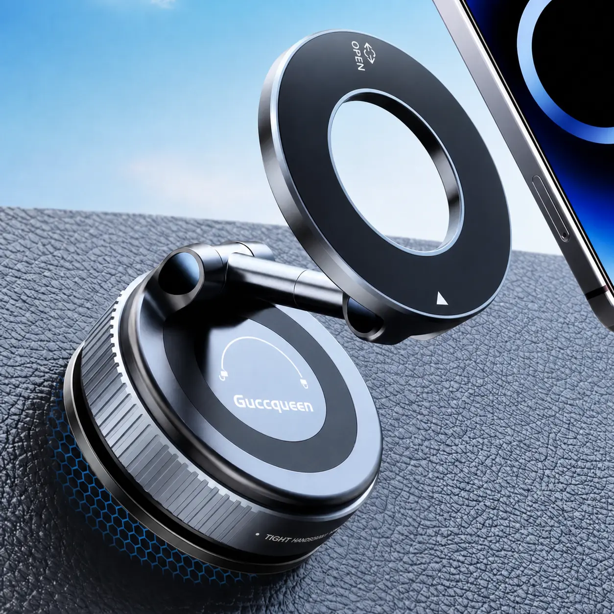 Guccqueen 2.0 Foldable Magnetic Car Phone Holder - Secure Smartphone Holder, Vertical Round Mount, 20 N52 Magnets, Vacuum Suction Cup, Heat-Resistant Nano-Adhesive Base, MagSafe Snapon, Car Interior Accessories