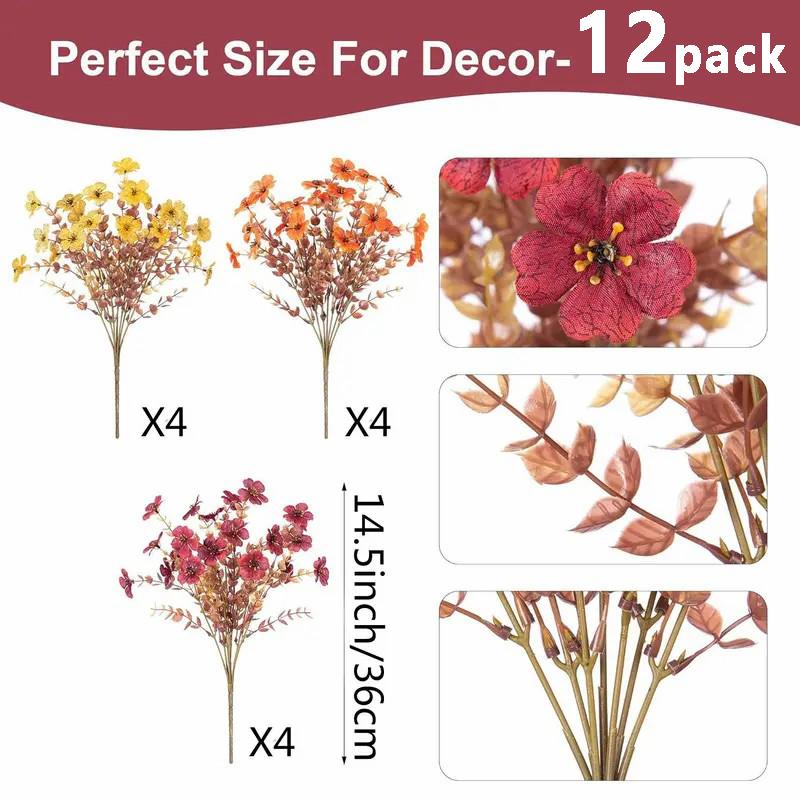 12 Bunches Decorative Artificial Flower for Outdoor Decoration, Faux Daisy Flowers for Fall & Winter Decor, Elegant Artificial Plants, Realistic Eucalyptus Leaves Silk Mums Fake Plants for Garden Pot, Fruit, Ornaments