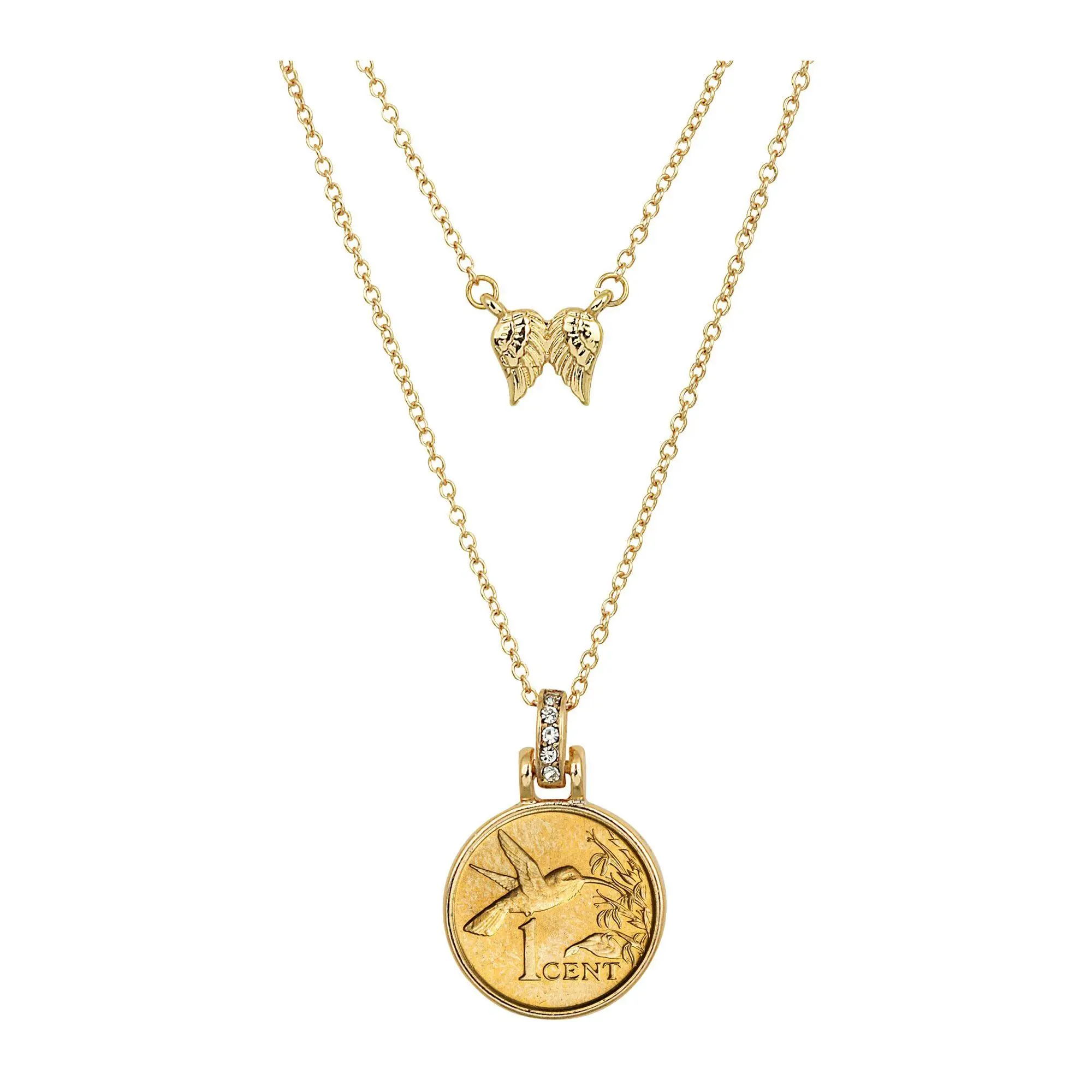 Hummingbird Coin Pendant Double Chain With Angel Wings