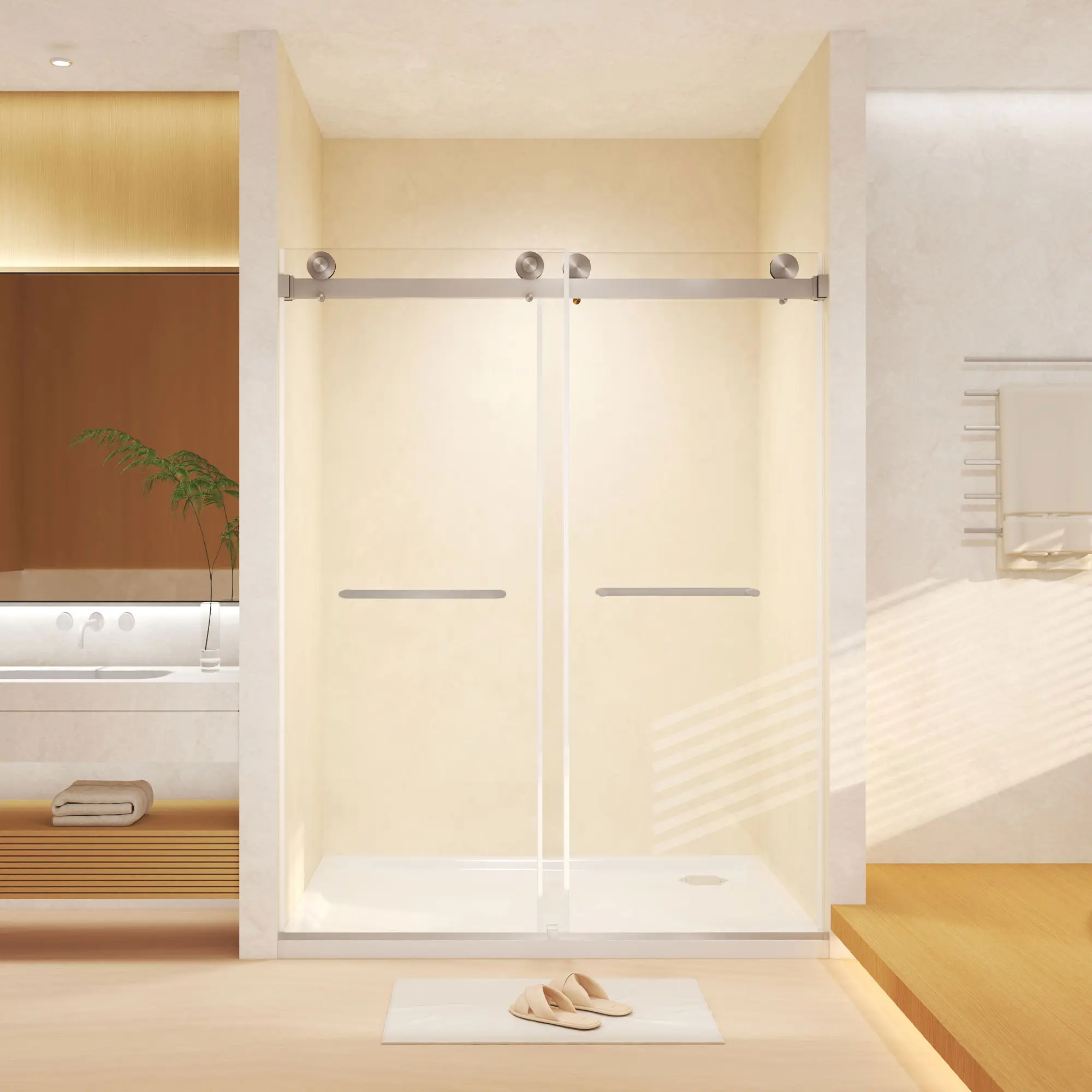 44-48" W x 74" H Double Sliding Frameless Shower Door, 8mm Clear Tempered Safety Glass, Anti-Shatter Film, Stainless Steel Handle & Square Track, Adjustable Width Sliding Shower Enclosure