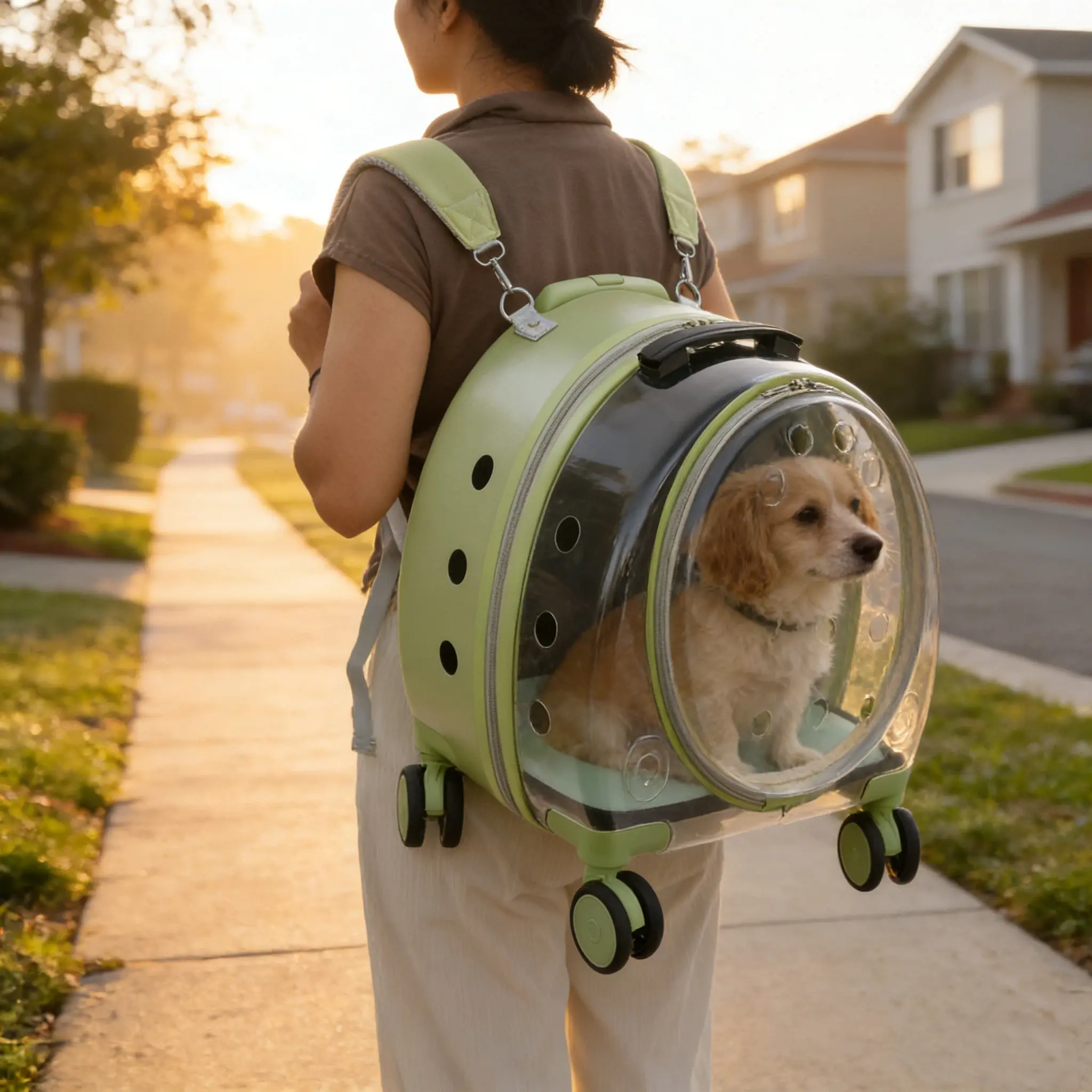 CNCEST 17.7in Clear Acrylic Rolling Pet Carrier, 4-Wheel Carrier with Telescopic Handle & Shoulder Strap for Cats & Small Dogs Up to 19.8lbs