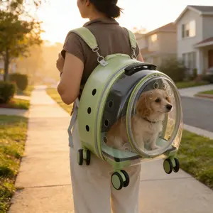 CNCEST Rolling Pet Carrier with Telescopic Handle, 4-Wheel Cat & Small Dog Carrier 17.7 Inch Clear Acrylic Travel Cage with Shoulder Strap for Cats, Puppies up to 19.8lbs