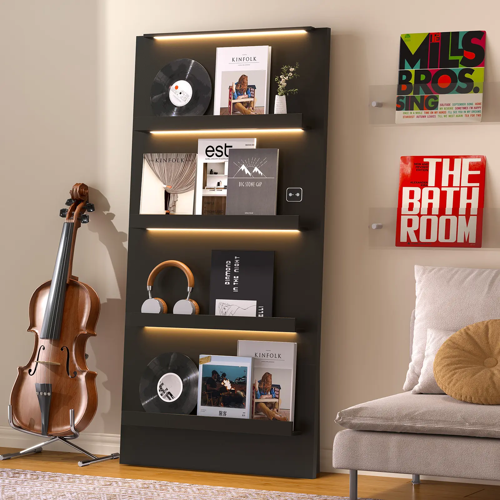 MIIFUNY 63" Vinyl Record Storage, 3-Color LED Lights Display Shelf, Black | 4-Tier Storage for Vinyl/CD/DVD/Magazine, 3-Color LED & Motion Sensor,Black Display Stand for Living Room
