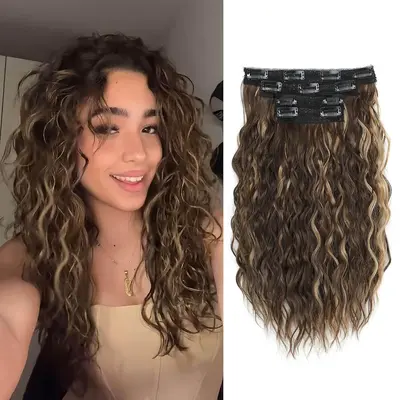 Flyroseing 4PCS Clip In Hair Extension,14" Short Curly Hair Extensions Clip In Brown Hair Extensions Seamless Lace Weft Natural Soft Mermaid Waves
