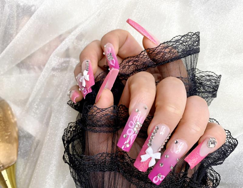 24 pcs Press on Nails - Long Square Glue on Nails with Hot Pink, Acrylic Bling Glitter Rhinestone Design