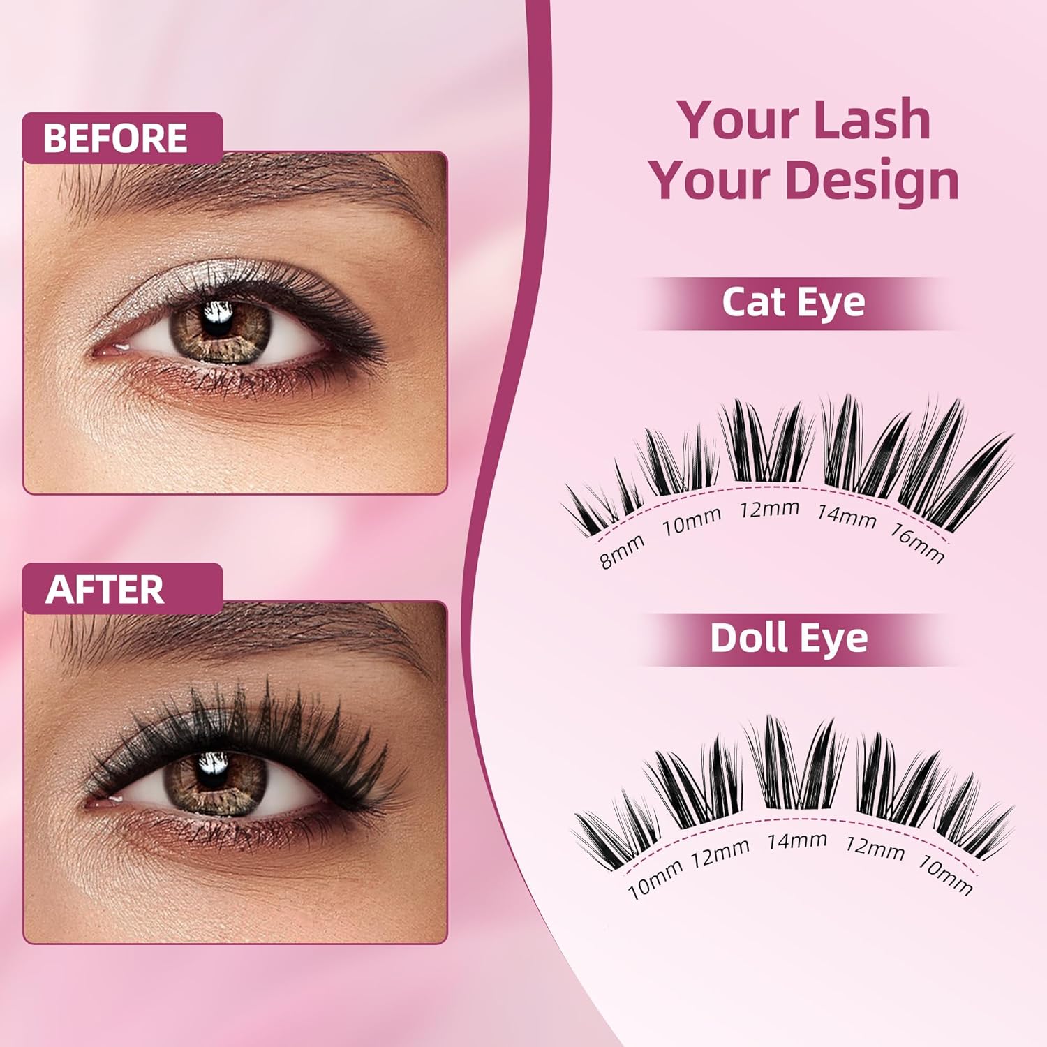 640 Pcs Lash Clusters Kit, Eyelash Clusters Individual Lash Extension Kit D Curl Fluffy Wispy False Eyelashes Extensions Thin Band with Bond Seal Tweezers Brush Removers (30D+40D+50D+60D KIT 8-16mm)