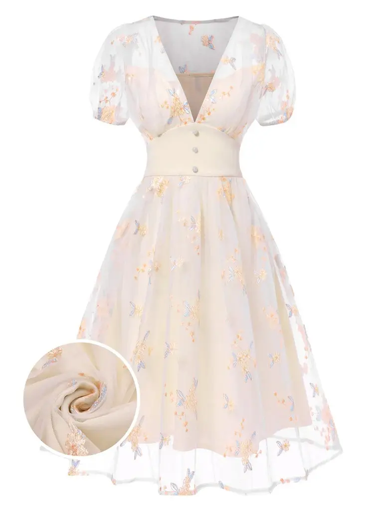 RETRO STAGE Women's 1950s Boho Chic Floral Embroidered Chiffon Flowy Knee-Length Vacation Dress with Puff Sleeves and V-Neck, Casual Boho Chic, Boho Style BackToSchool