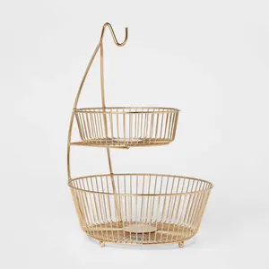 2-Tier Metal Wire Fruit Basket with Banana Hanger - Gold