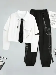 Women Streetwear 2 Pieces Sets Y2k Punk Outfits Long Sleeve Split Chain Necktie Choker Shirts+Harajuku Cargo Long Pants Sets With Chain Woman Overalls Womens Clothing