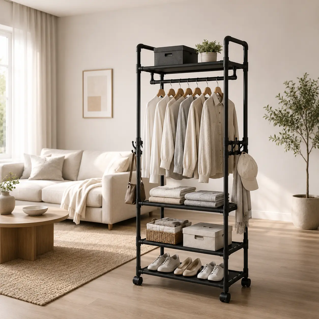Smooth 3-Tier Rolling Plastic Garment Rack with Wheels, Easy Installation Home Accessory, Freestanding Hanging Clothes Organizer with Shoe Shelves for Bedroom Room Storage & Storage Organization, Organizer Storage