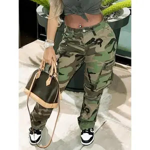 Plus Size Street Style Jeans, Women's Plus Camo Print Button Fly Medium Stretch Cargo Denim Pants With Flap Pockets