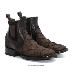 Matte Brown Pirarucu Print Wide Square Toe Leather Boot