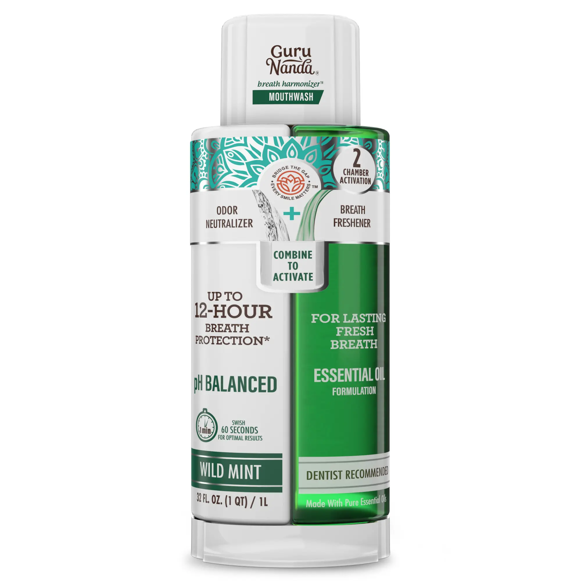 GuruNanda Dual Barrel Breath Harmonizer Mouthwash with Sodium Chlorite & Essential Oils, Freshens Breath, Alcohol & Fluoride Free, Wild Mint Flavor, 32 fl oz