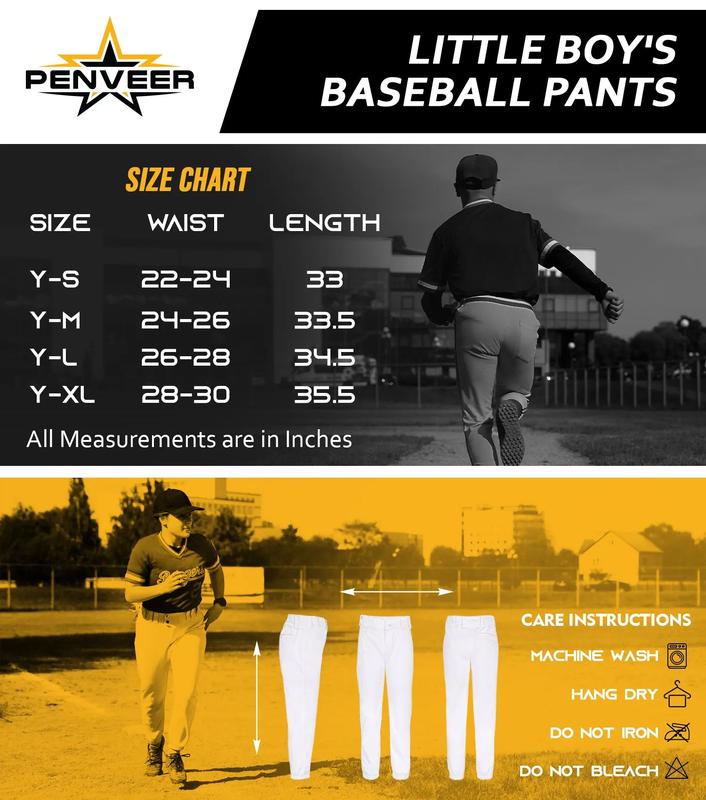 Penveer Pull-Up Youth Baseball Pants, Quarter Open Fly Boys Baseball Pants with Durable Snap & Elastic Bottom, T Ball Pants - (White) Sports Jogger Sweatpants Tracksuit Outfit