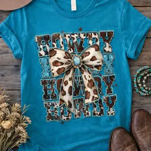 Western Cowgirl Turquoise Tee with Cow Print Bow and Rhinestone Details for Women