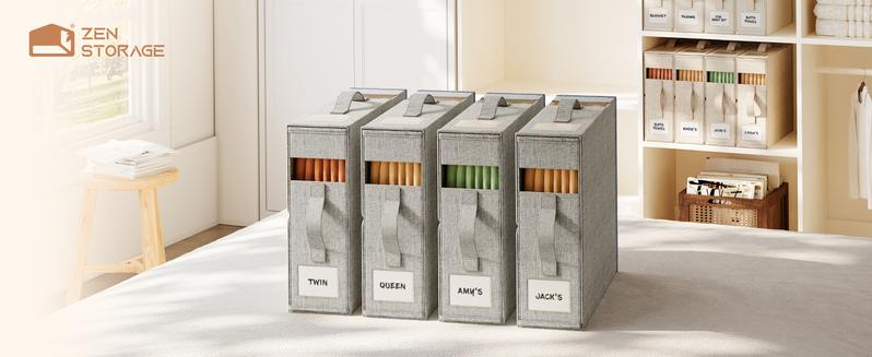 【NewYear2026】4Pack Bed Sheet Organizers for Linen Closet - King/Queen Size Bedding Storage Boxes with Clear Window, Foldable & Dustproof Linen Organizer for Blankets & Sheet Sets