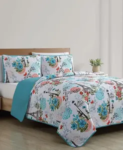Blue 3-Pieces Decorative Microfiber Quilt Bedding Set for Queen Bed - Comforter Alternative Bedspread Coverlet, Includes Shams (Eiffel Paris Decor)