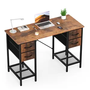 47" Home Office Desk with 4 Fabric Drawers & 2 Mesh Shelves, Reversible Computer Desk with Waterproof Rustic Top & Adjustable Feet for Gaming, Study