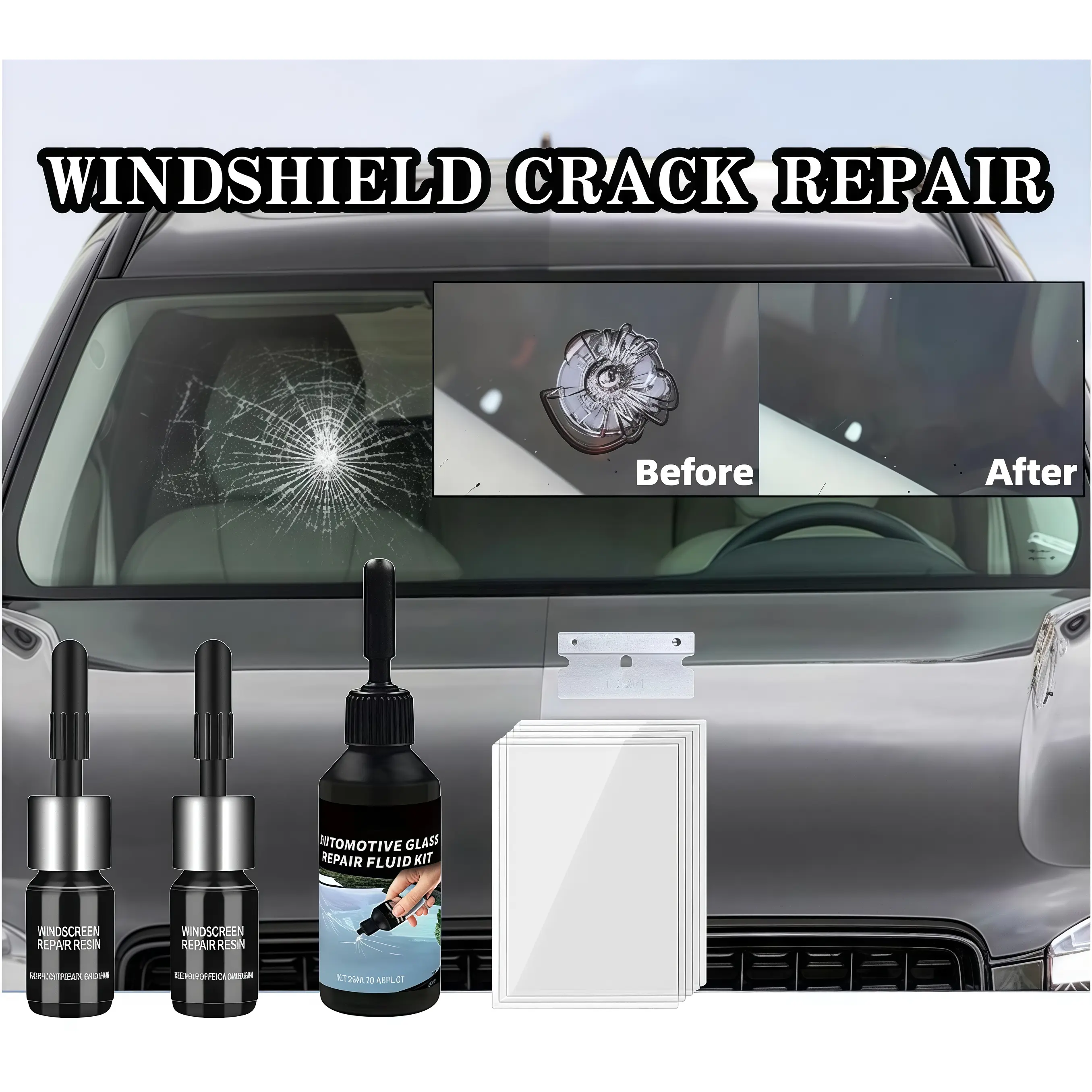 Automotive Cracked Windshield Repair Kit - Tool-Free Set with 2 Resin Bottles, Glass Repair Fluid for Cars Laminated Glass, Quick DIY Chips & Cracks Fix