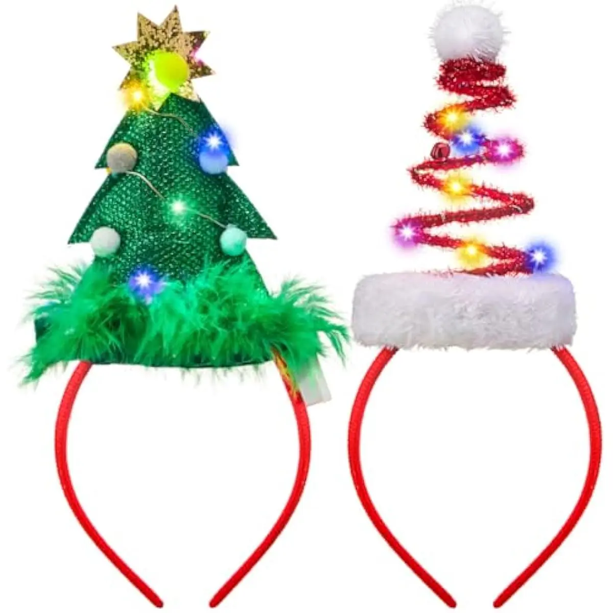 2 PCS Lighted Christmas Headbands with LED lights in Springy Santa Hat Tree Designs for Christmas and Holiday Parties (ONE SIZE FIT ALL)