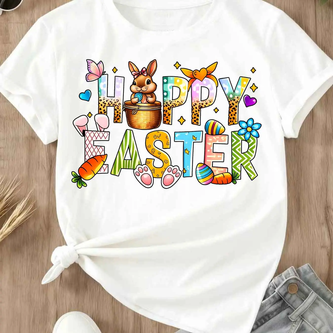 Happy Easter Bunny And Eggs T-Shirt White Happy Easter With Bunny Carrot And Egg Design For Spring Celebration