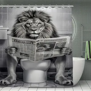 Funny Lion Shower Curtain, Fancy Humor Leo Animal on Toilet Shower Curtains Set, Black and White Funky Shower Curtains, Large Cat Man Grey Bathroom Curtain 72x72 inch