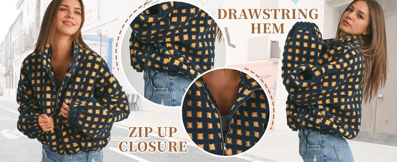 Hixiaohe Womens Checkered Sherpa Jacket Cropped Long Sleeve Plaid Fleece Coats Casual Zip Up Gingham Outwear with Pockets Hixiaohe Womens Checkered Sherpa Jacket Cropped Long Sleeve Plaid Fleece Coats Casual Zip Up Gingham Outwear with Pockets