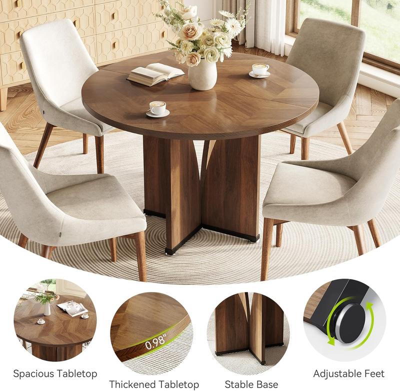 LITTLE TREE Round Dining Table, 39.37" Wood Kitchen Table for 4 People, Farmhouse Dinner Table with Wooden Table Top and Legs, Rustic Brown Dining Table for Dining Room Living Room (Brown)
