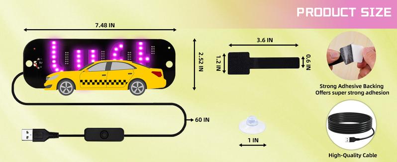 Taxi LED Light Sign for Car Uber/Lyft with Suction Cups USB Plug for Cars Trucks SUVs Compatible LED Decal for Windshield Visibility