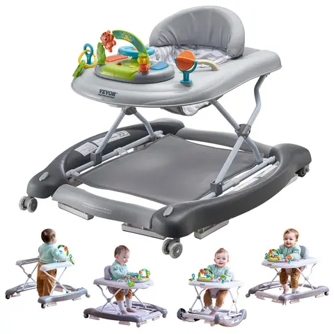【FathersDayGift】VEVOR 4-in-1 Baby Walker, Foldable Baby Activity Center on Wheels, 3 Adjustable Height, Music & Toys Tray, Learning-Seated | Walk-Behind | Rocker | Bouncer Toddler Walker for Girls Boys  6-24 Months