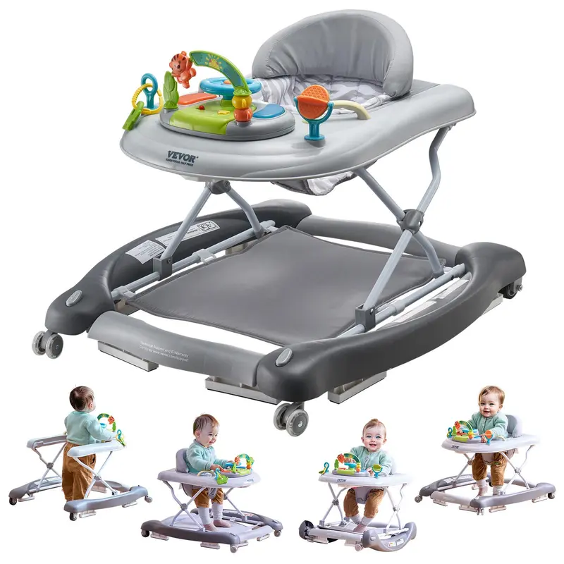 【FathersDayGift】VEVOR 4-in-1 Baby Walker, Foldable Baby Activity Center on Wheels, 3 Adjustable Height, Music & Toys Tray, Learning-Seated | Walk-Behind | Rocker | Bouncer Toddler Walker for Girls Boys  6-24 Months