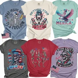 Vintage USA Skull Graphic Tee Retro America Redneck 4th of July Skull Tshirts Merica Skull Patriotic Tees Born Free Skeleton Rocker Tops USA Merica Skeleton T-Shirts Mullet USA Skull Tee jun3