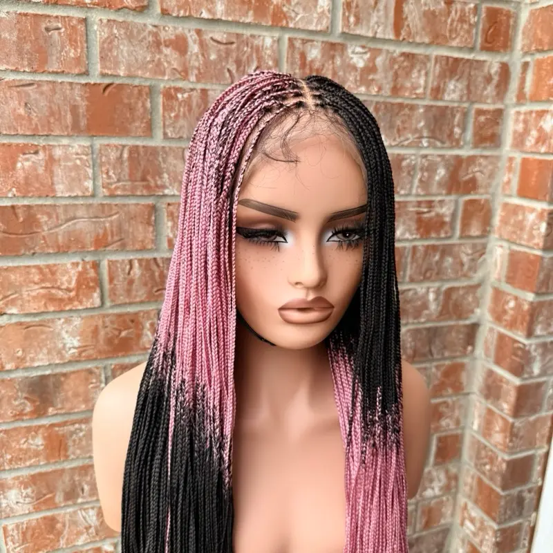 Micro knotless braids in pink and black, made with 360 full fiber synthetic lace. Easy to style and wears for everyday look